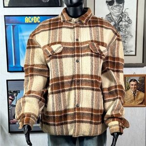 Vintage Brown Cream Plaid Sherpa Wool Shacket Jacket Button Up Cozy Outerwear